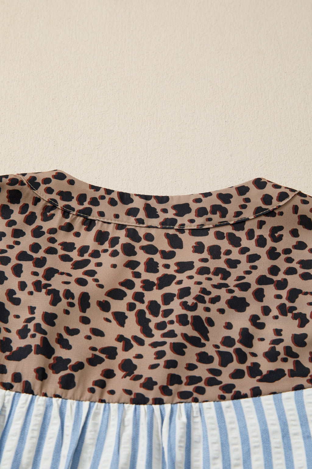 Stripe Leopard Trim V-Neck Buttoned Short Sleeve Shirt