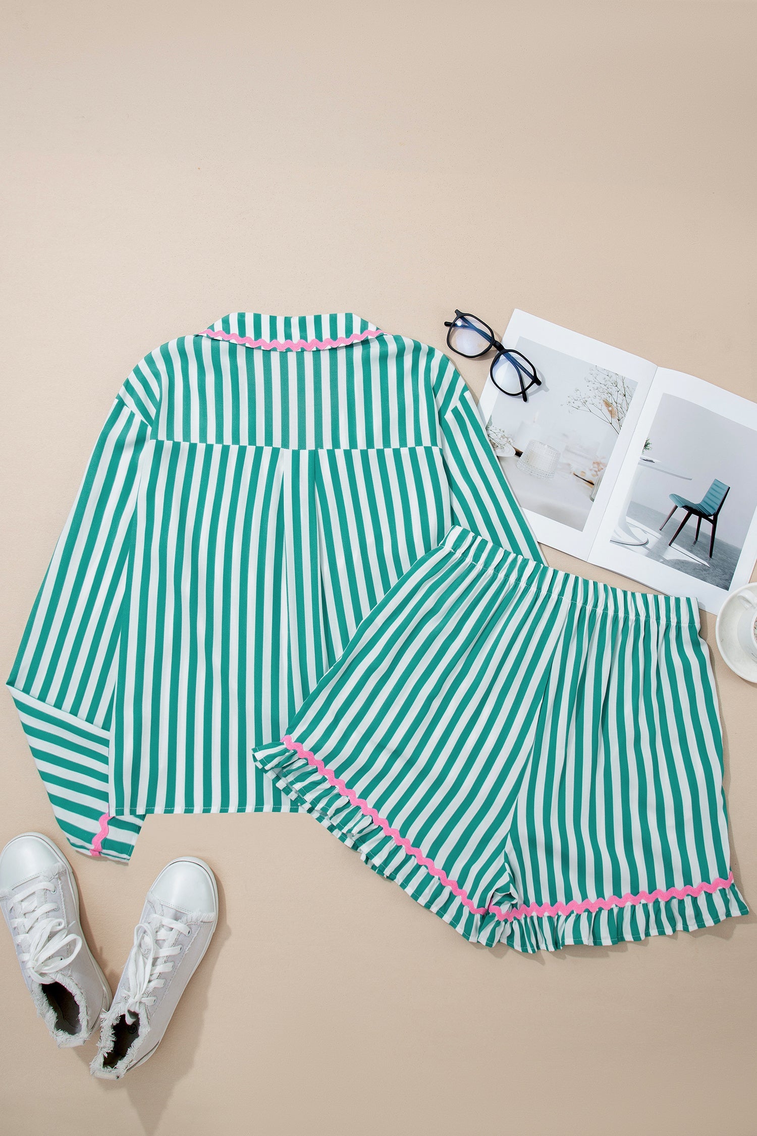 Stripe Ricrac Trim Shirt & Drawstring Shorts Set