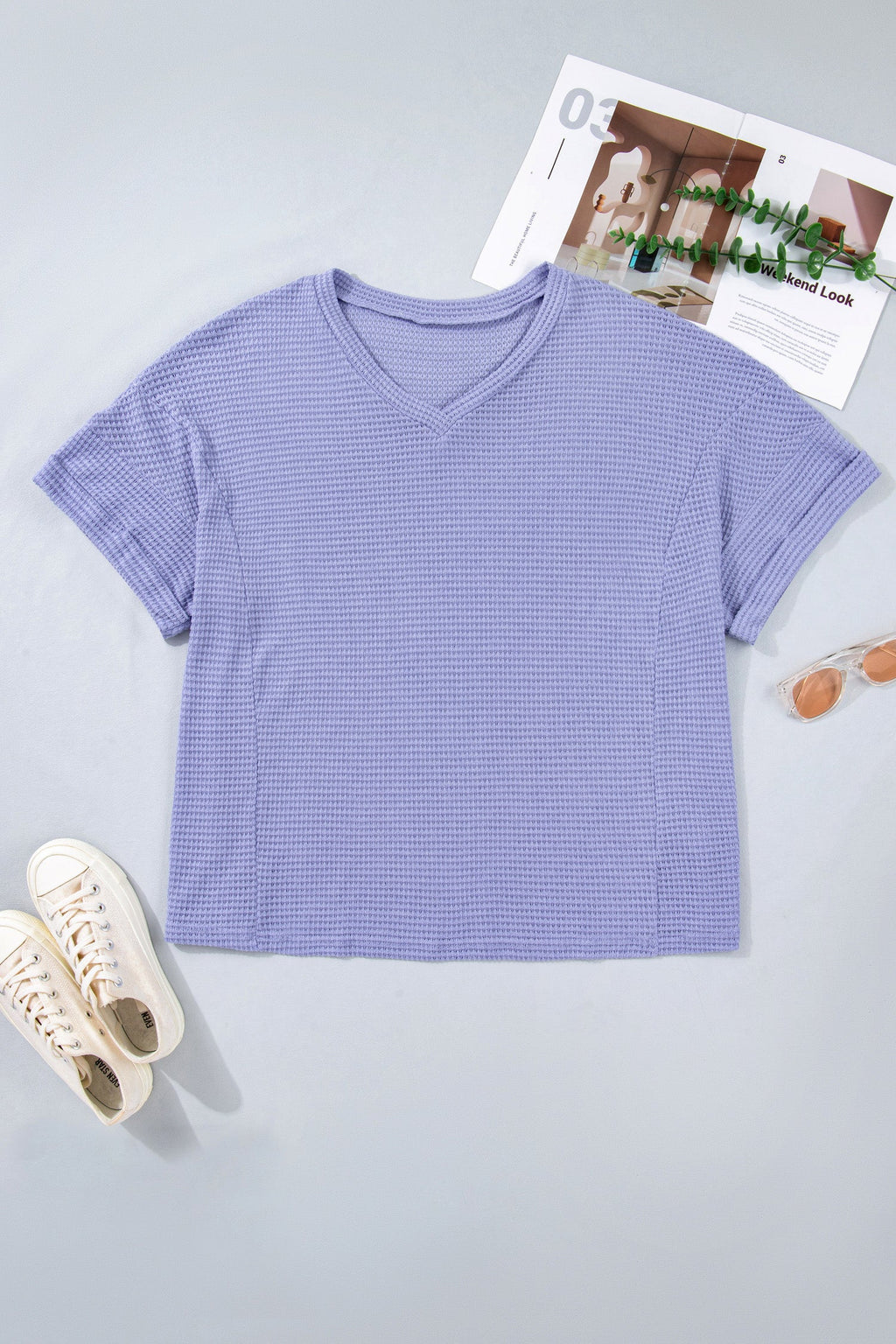 Plus Size Solid Waffle Knit V-Neck Short Sleeve Top