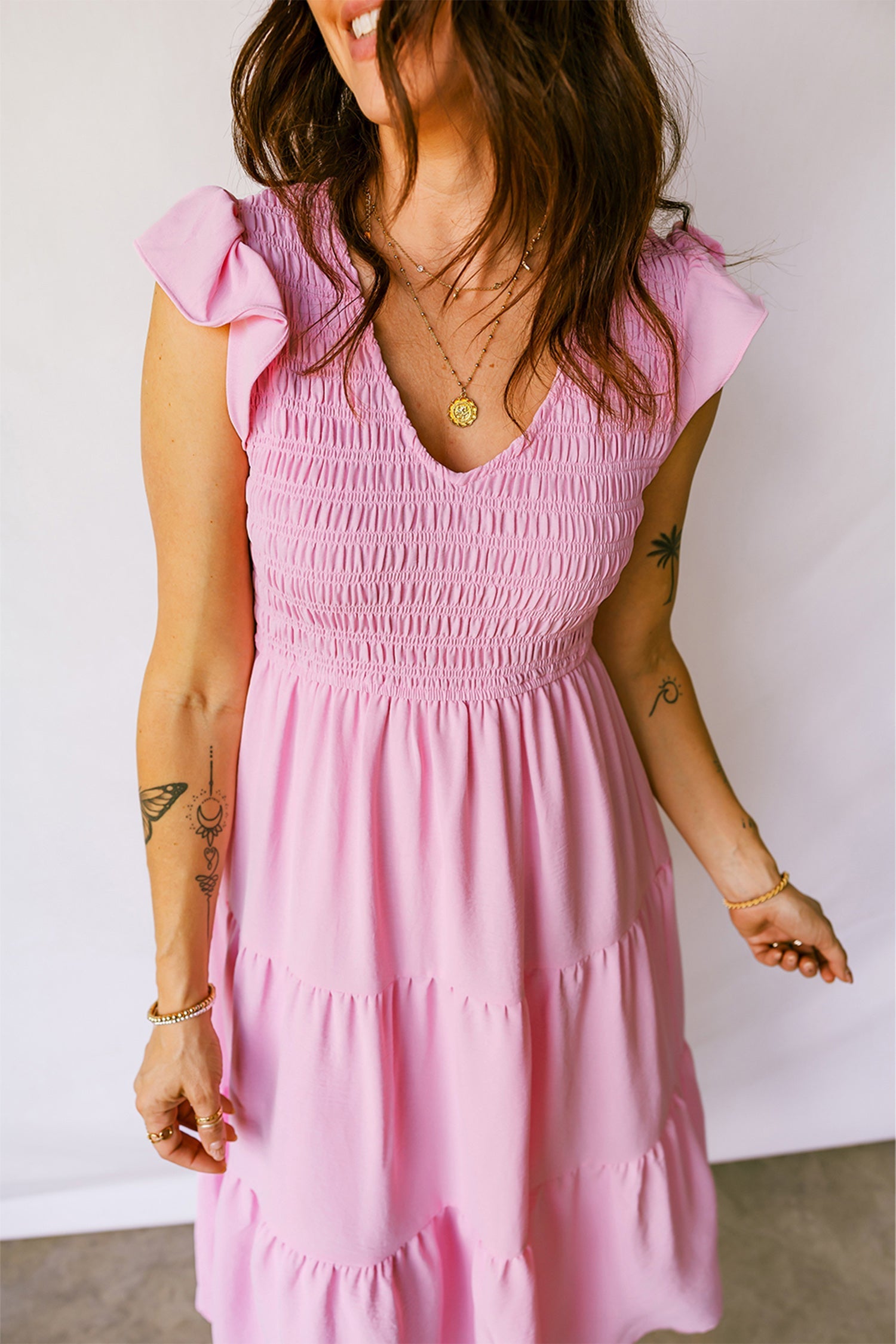 Smocked V-Neck Flutter Sleeve Tiered Midi Dress