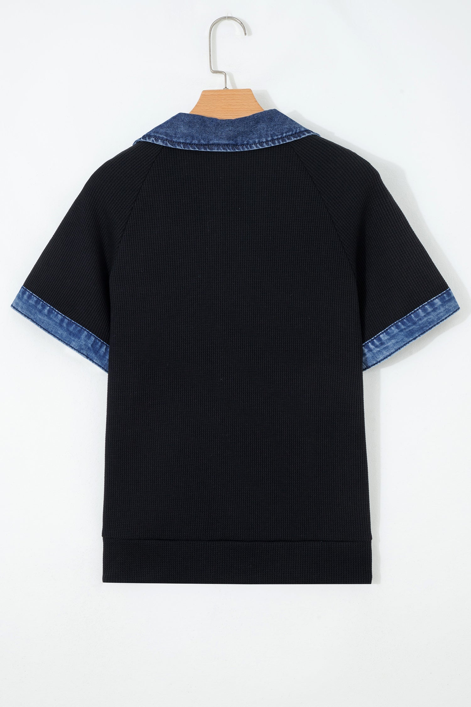 Denim Polo Collar Waffle Knit Patchwork Top