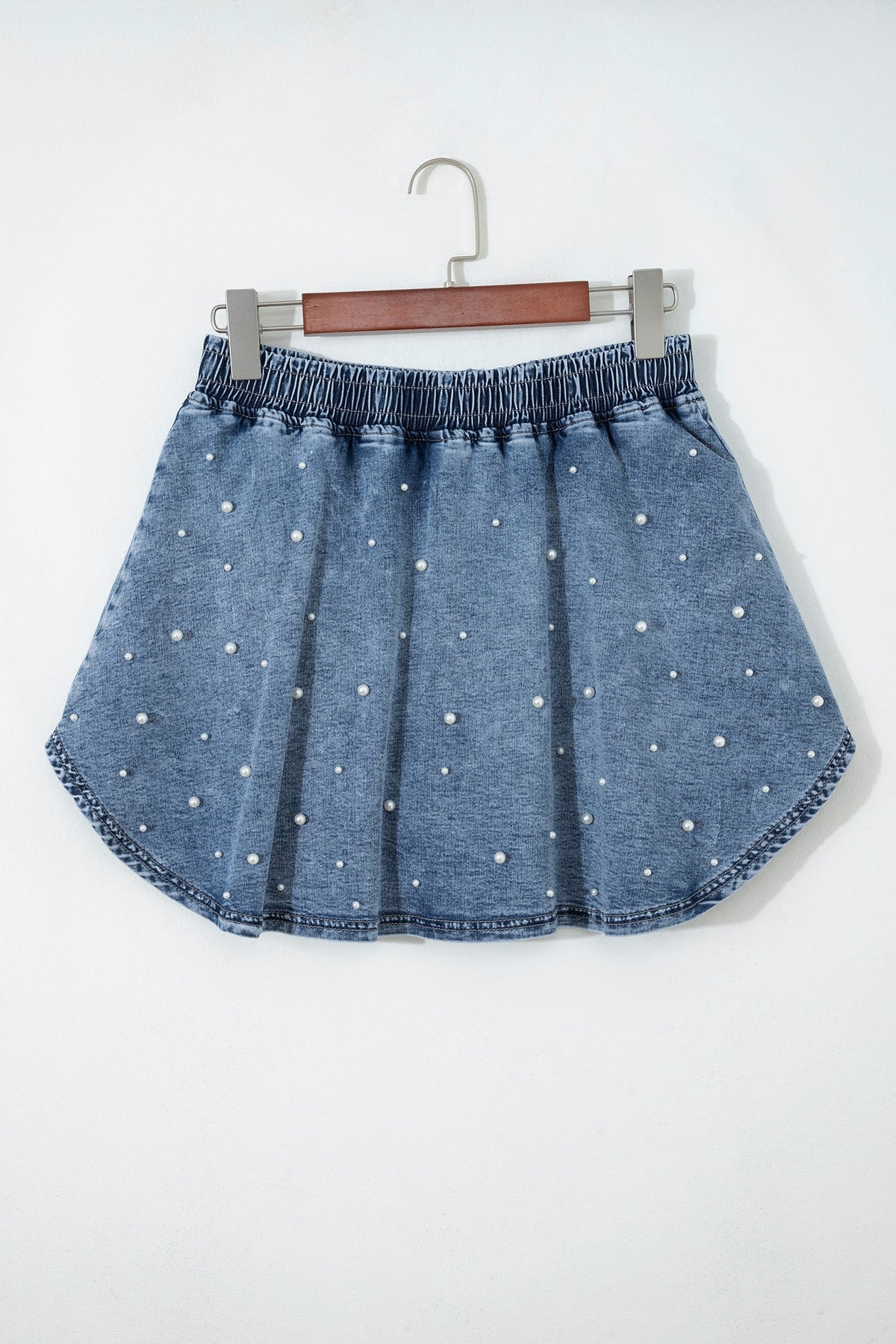 Denim Pearl Embellish Elastic Waist Mini Skort