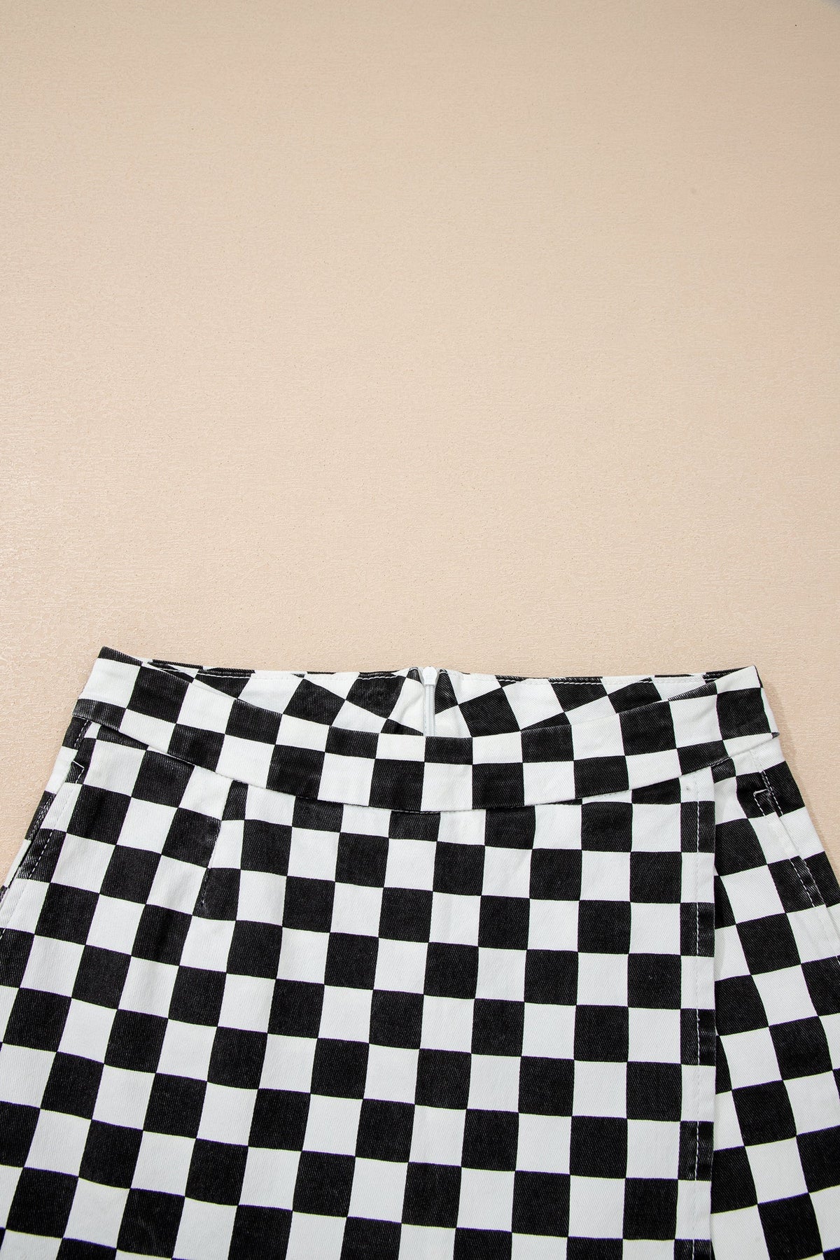 Checker Denim Pocketed Overlap Skort