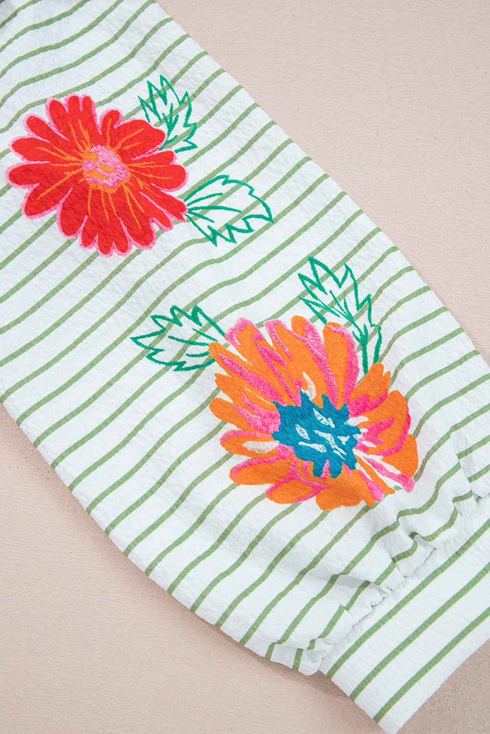 Floral Stripe Puff Sleeve Notched V-Neck Blouse