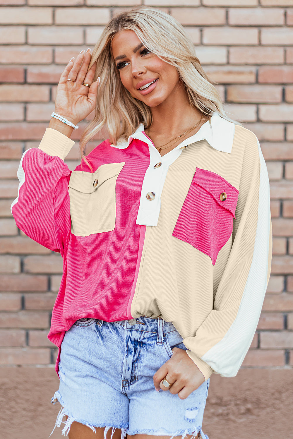 Colorblock Collared Ribbed Patchwork Pocketed Sweatshirt