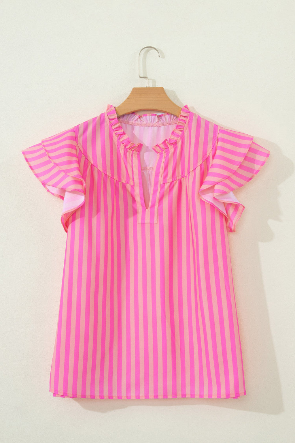 Stripe Split Neck Ruffle Sleeve Summer Blouse