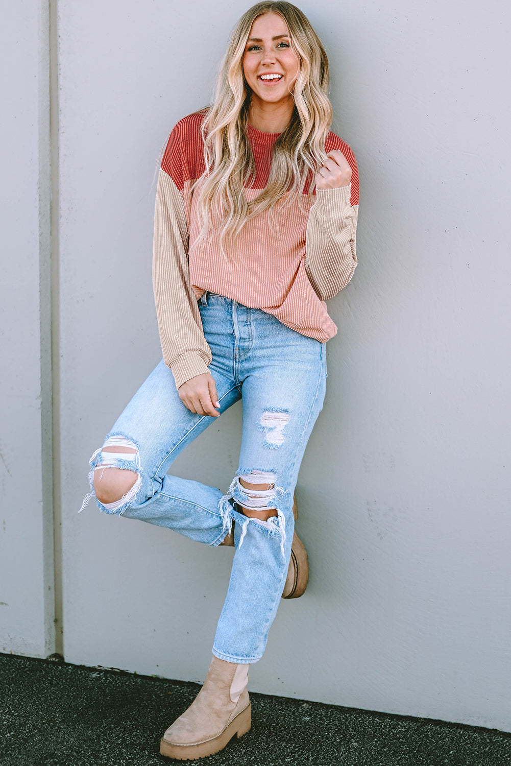 Colorblock Ribbed Long Sleeve Top