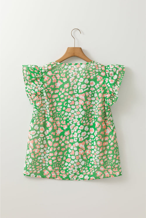 Abstract Leopard Tie Front Flutter Sleeve Blouse