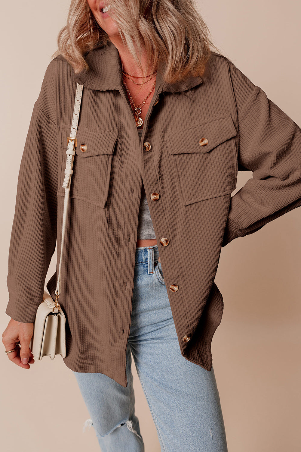 Solid Corduroy Button-Up Pocketed Shacket