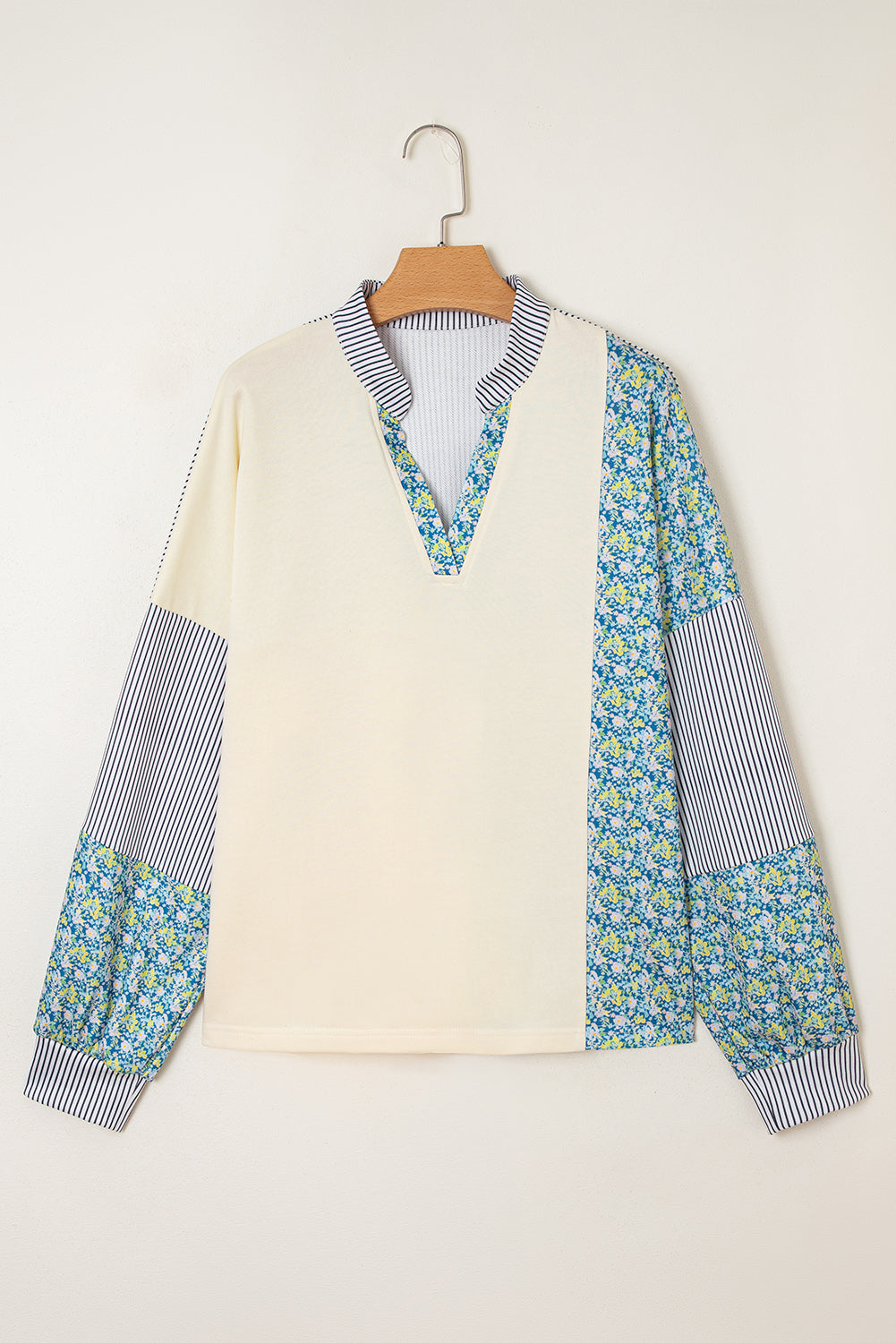 Floral Stripe Collared V-Neck Drop Sleeve Sweatshirt