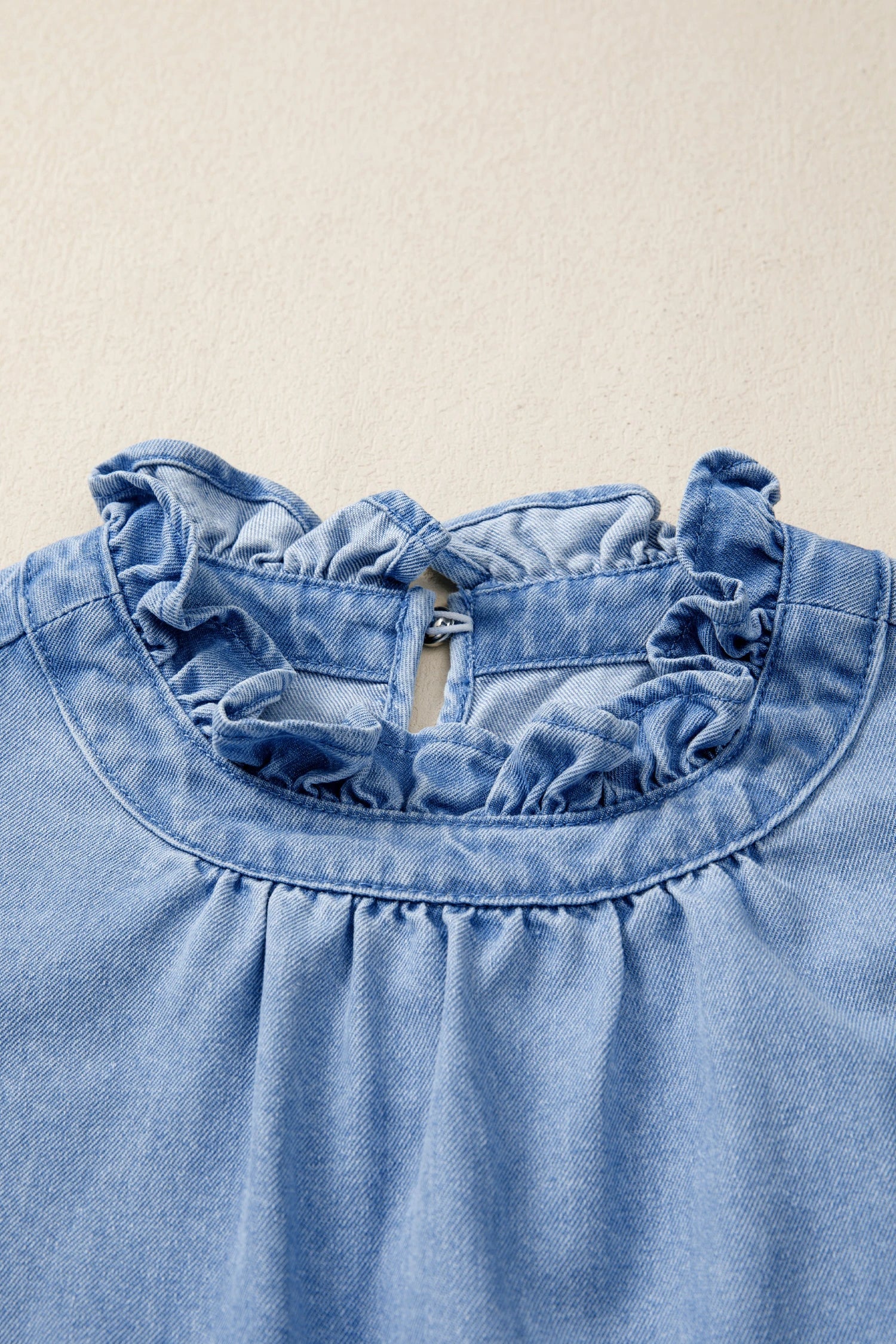 Denim Frilled Collar Flutter Sleeve Top