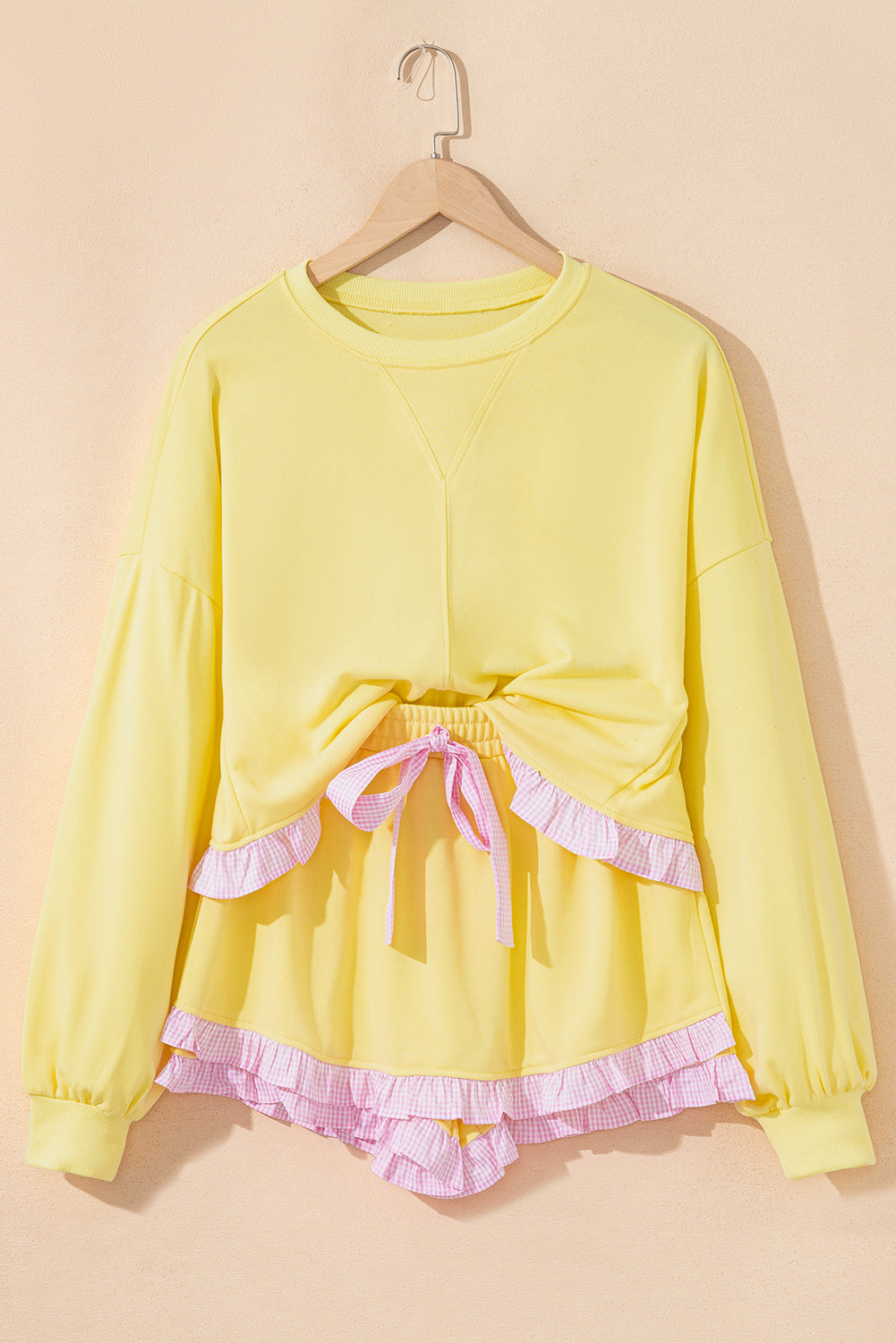 Ruffle Trim Patchwork Pullover and Shorts Set