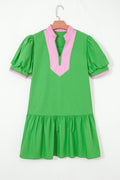 Colorblock Split Neck Puff Sleeve Mini Dress