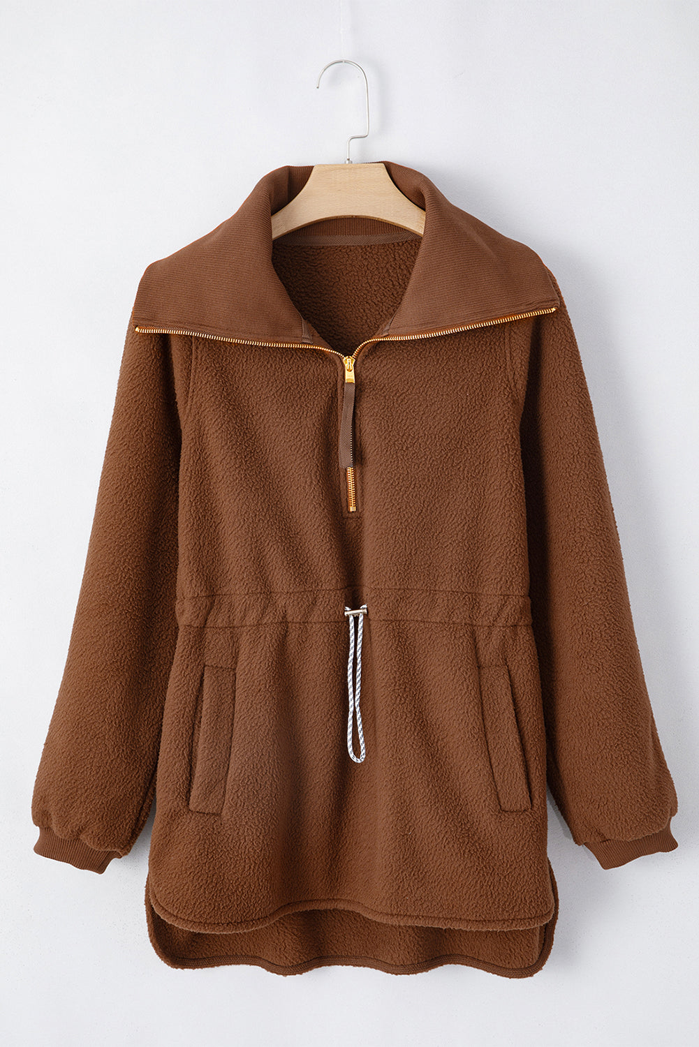 Solid Half-Zip Fleece Pocketed Sweatshirt