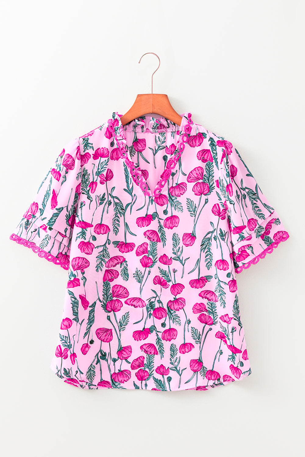 Floral Lace Detail Frilled V-Neck Short Sleeve Blouse