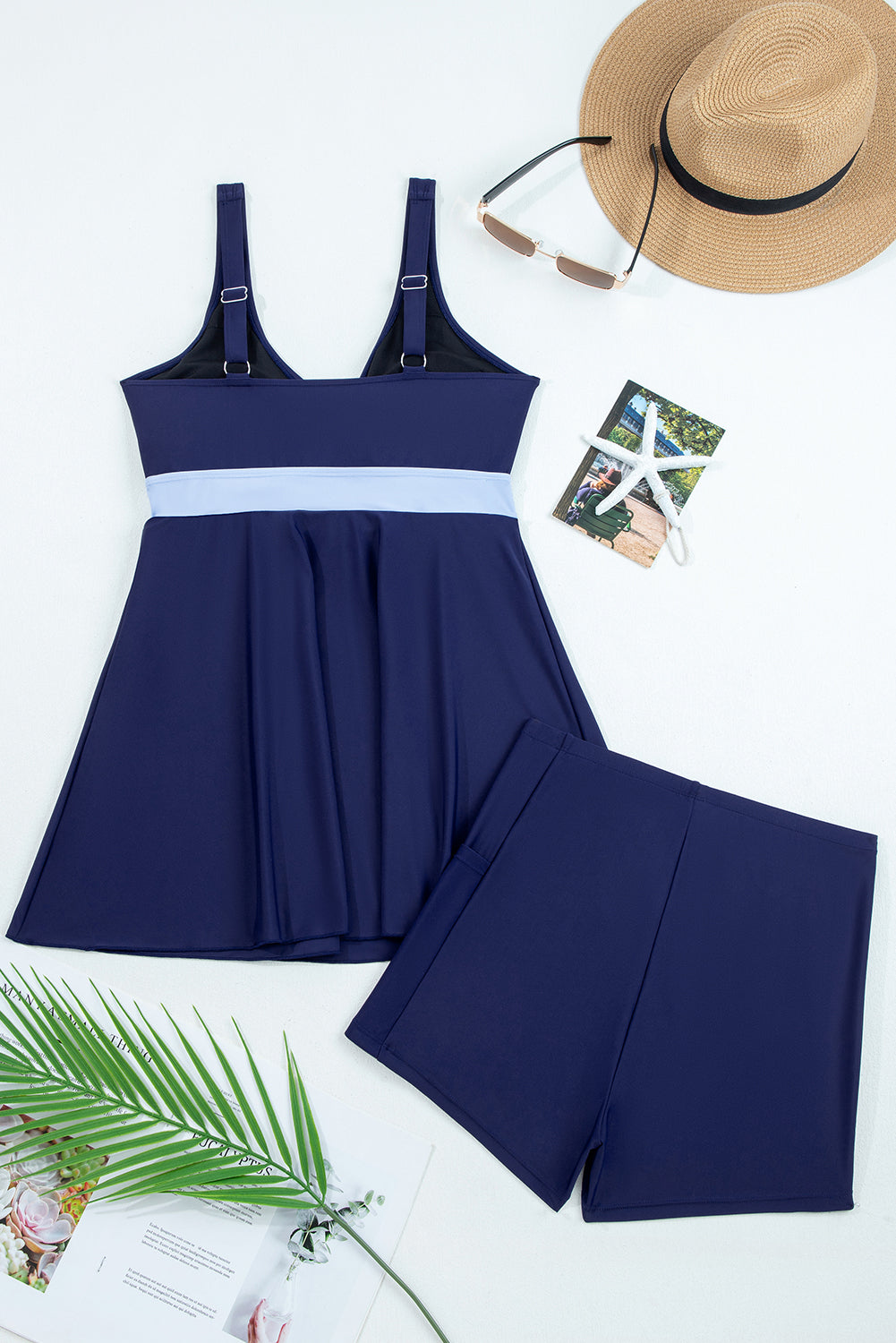 Floral Colorblock Patchwork Bow Sleeveless Swim Dress