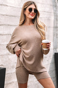 Ribbed Knit Pullover Top and Biker Short Set