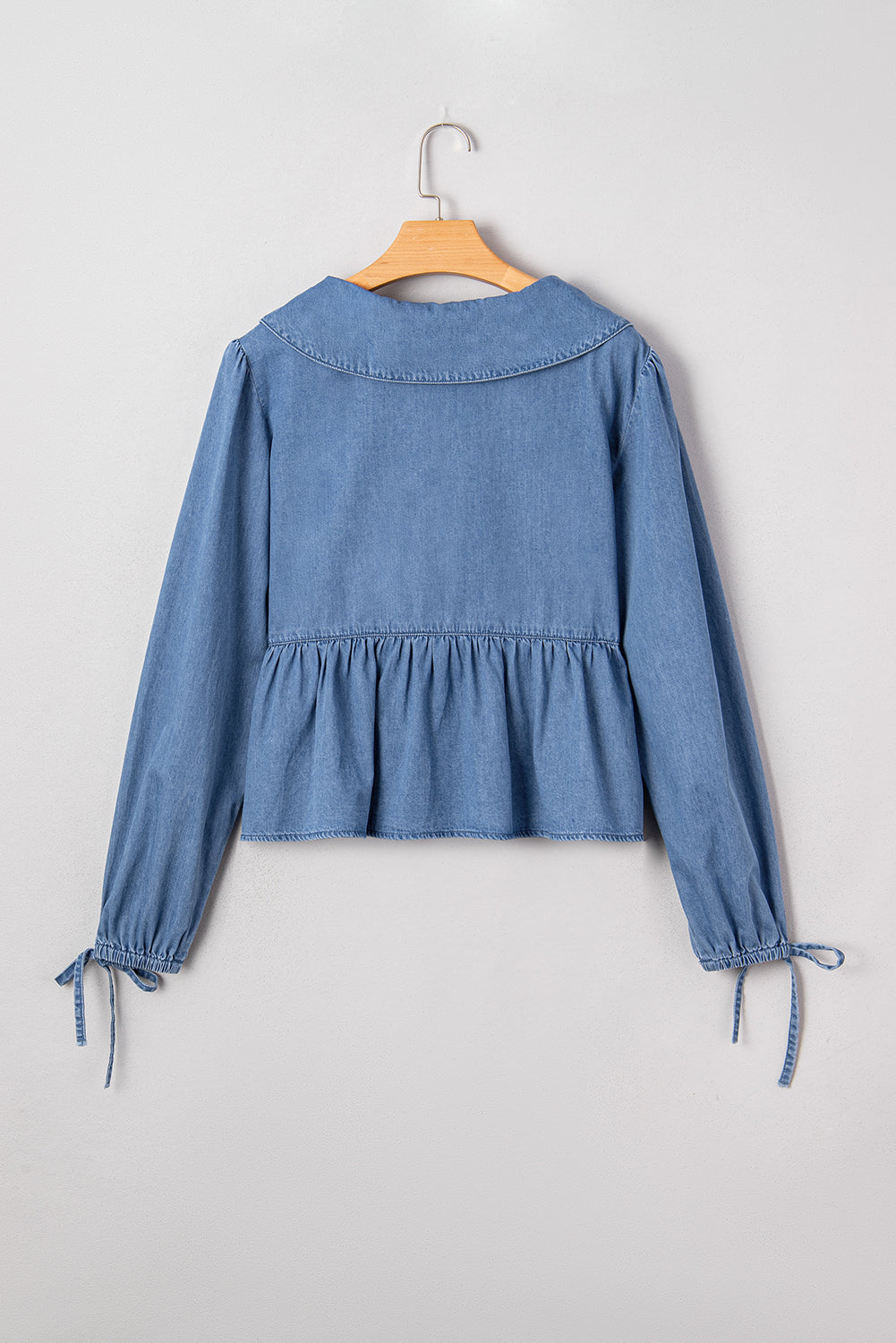 Denim Lapel Collar Balloon Sleeve Peplum Top