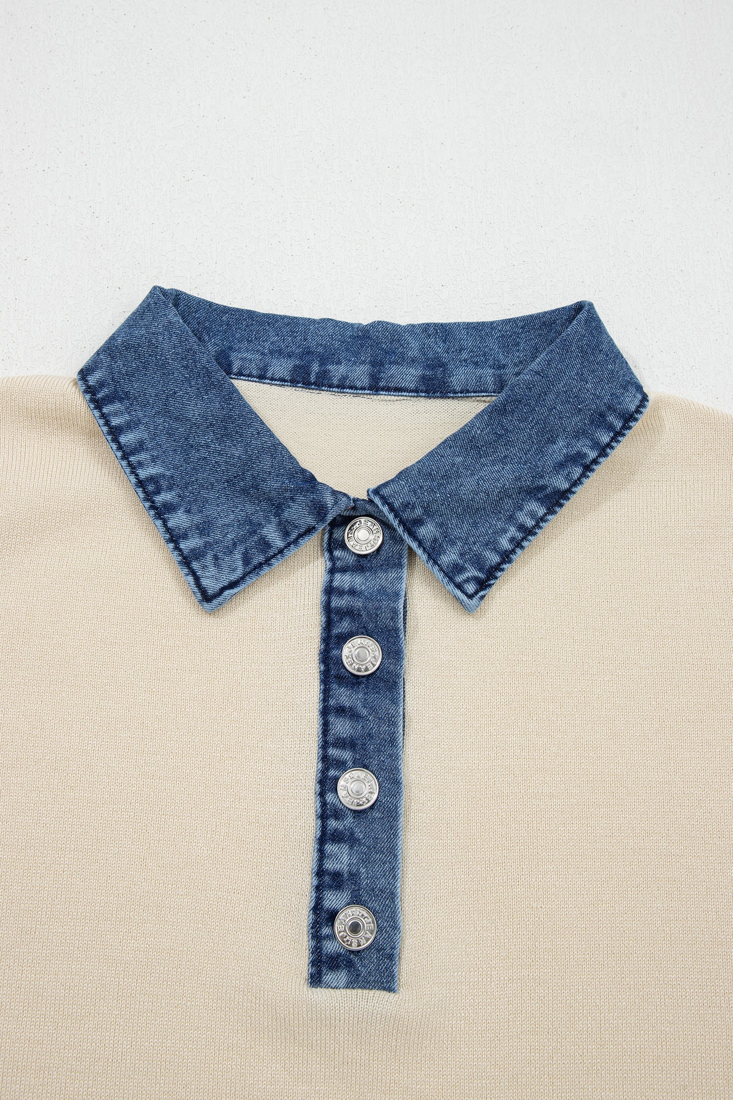 Denim Patchwork Polo Collar Short Sleeve Sweater