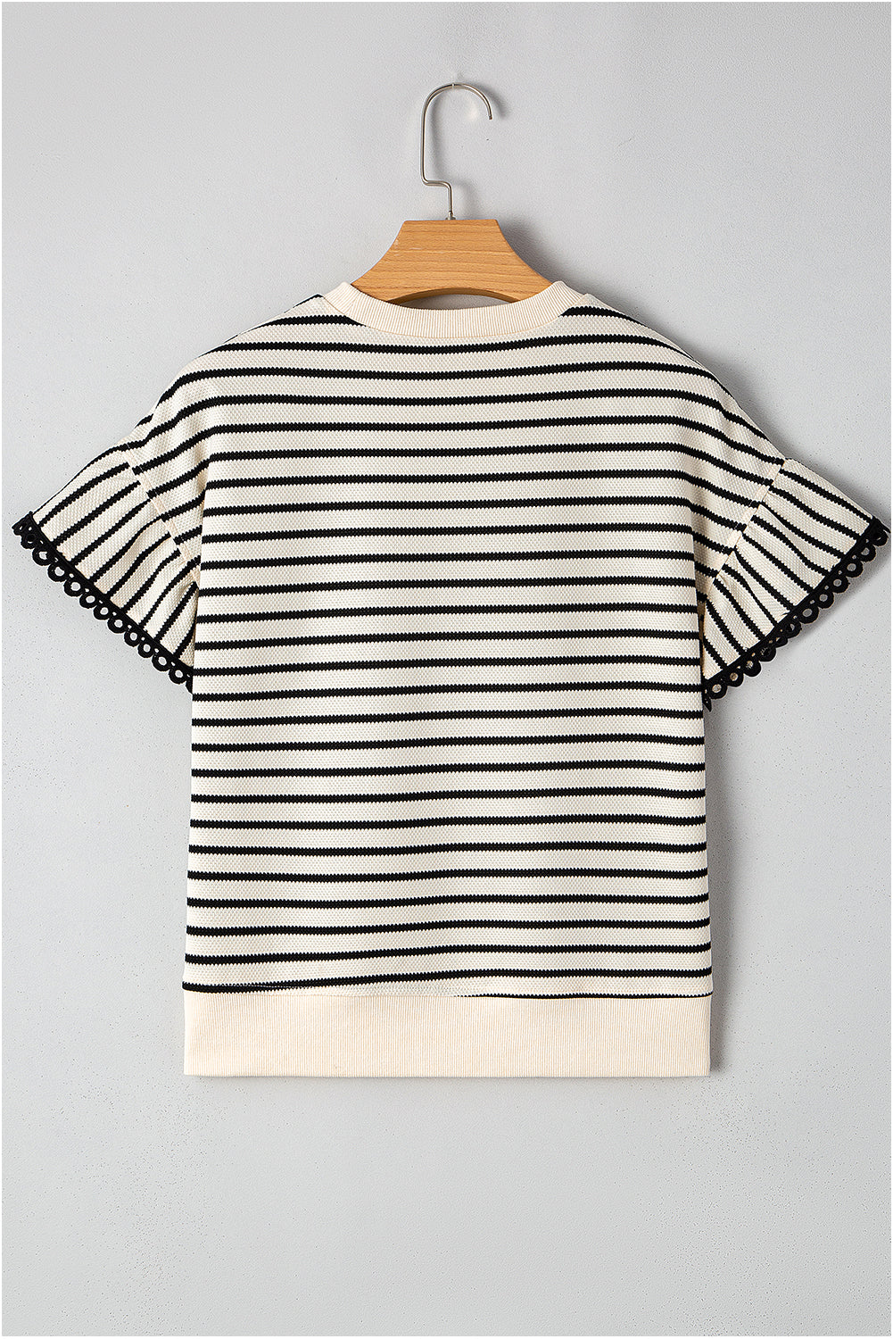 Stripe Scallop Lace Trim Ruffle Short Sleeve Top