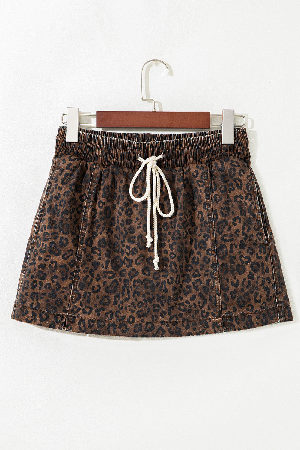 Leopard Denim Drawstring Elastic Waist Skort