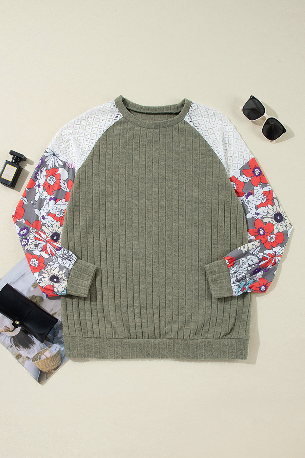 Floral Ribbed Patchwork Long Sleeve Blouse