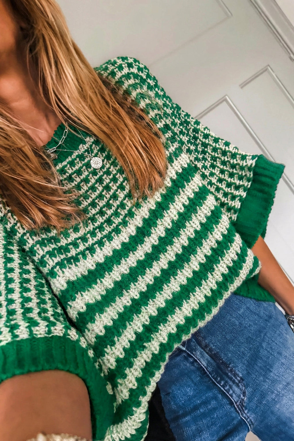 Stripe Draped 3/4 Sleeve Slouchy Sweater