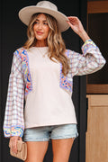 Floral Plaid Patchwork Puff Sleeve Blouse