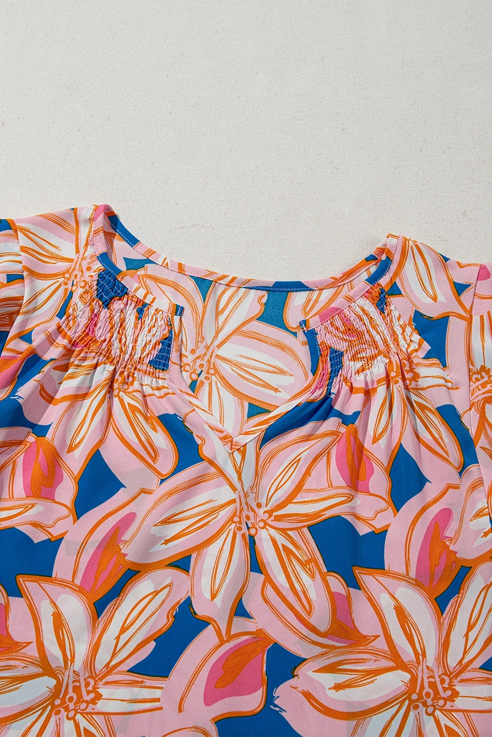 Flower Notch Neck Ruffle Sleeve Blouse