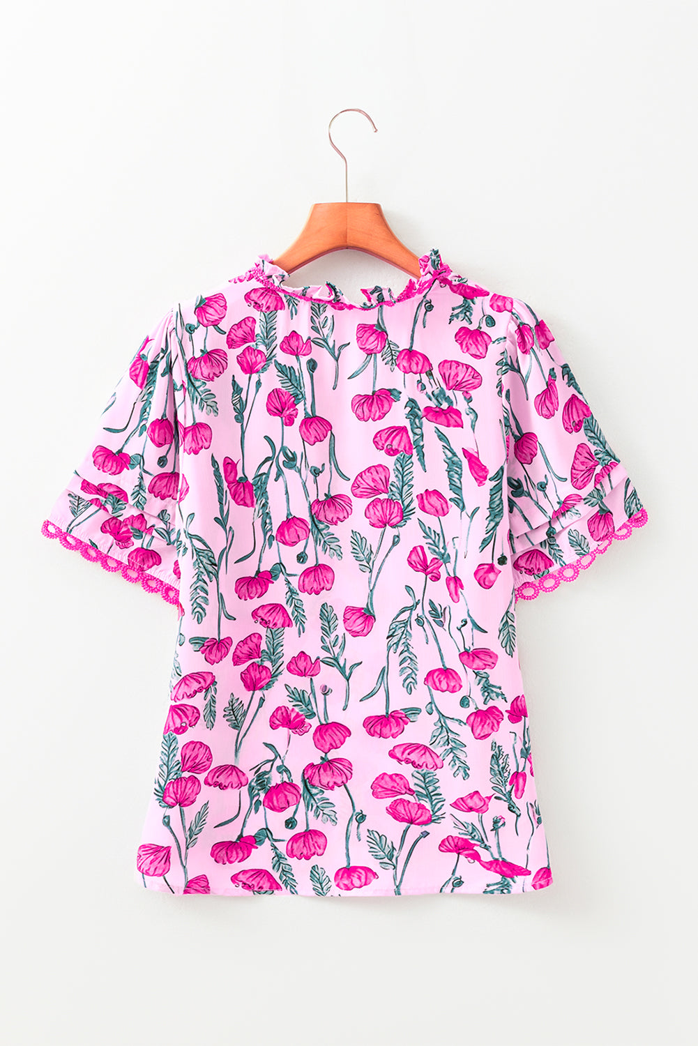 Floral Lace Detail Frilled V-Neck Short Sleeve Blouse