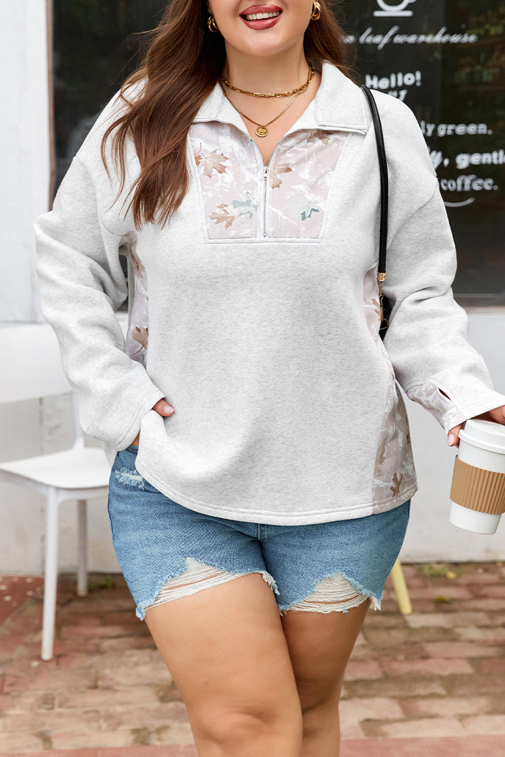Plus Size Camo Patchwork Zipped Collar Pullover Sweatshirt