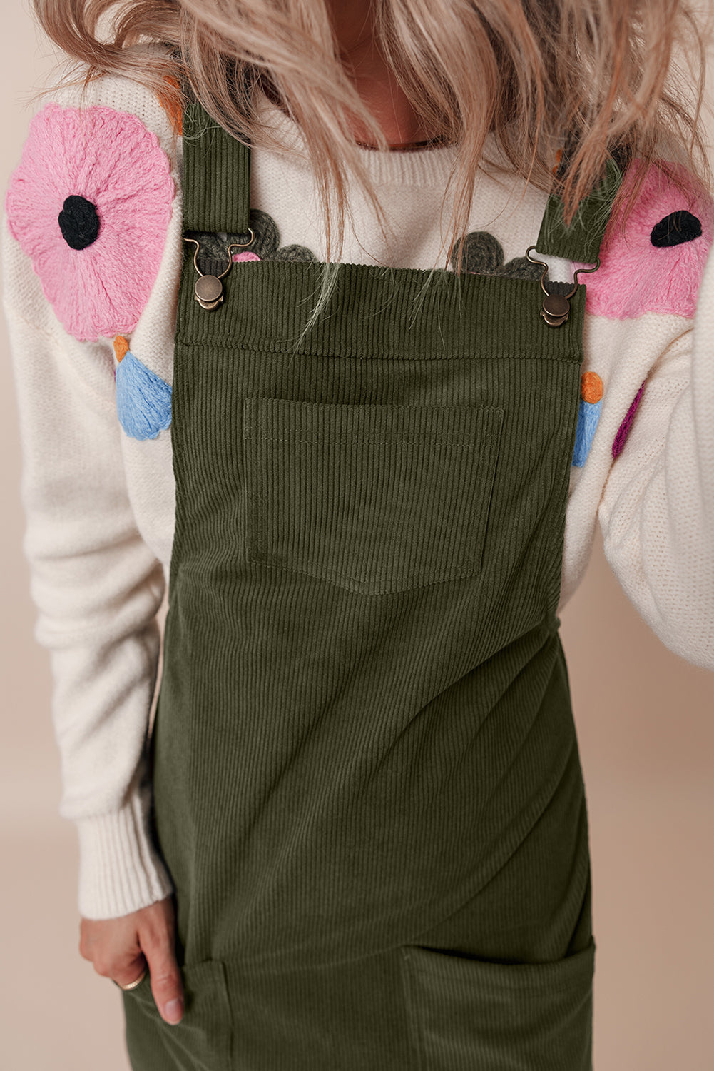 Solid Corduroy Front Pocket Sleeveless Overall Dress