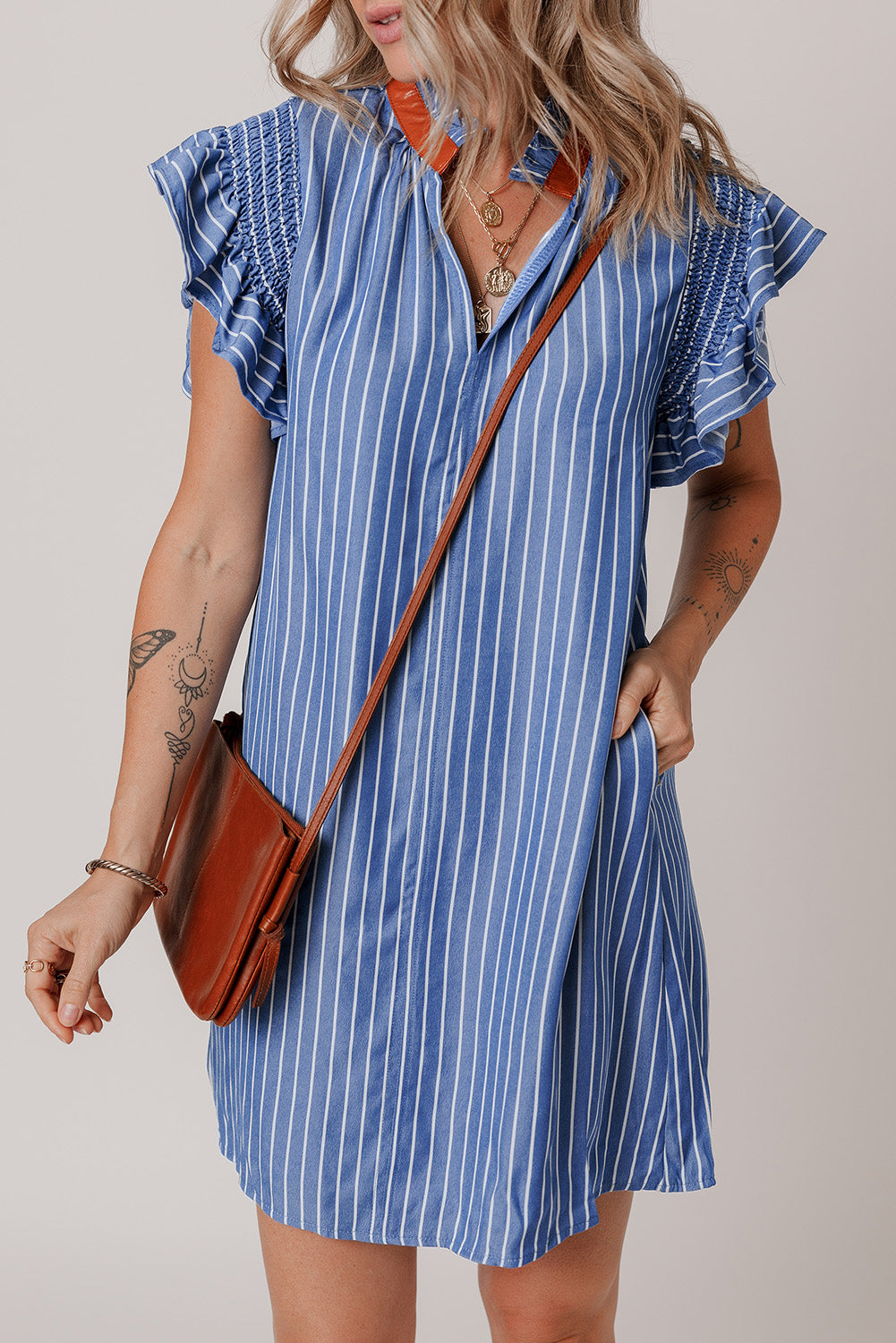 Stripe Frilly Neck Shirred Ruffle Sleeve Mini Dress