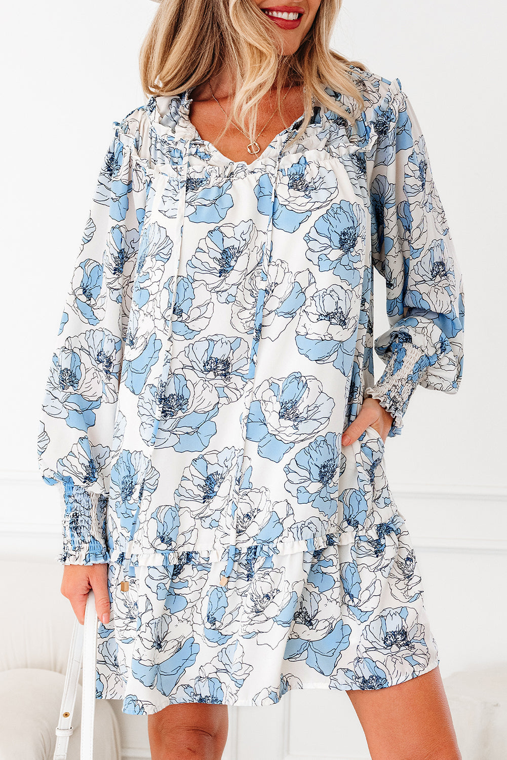Floral Ruffle Tie Neck Mini Dress