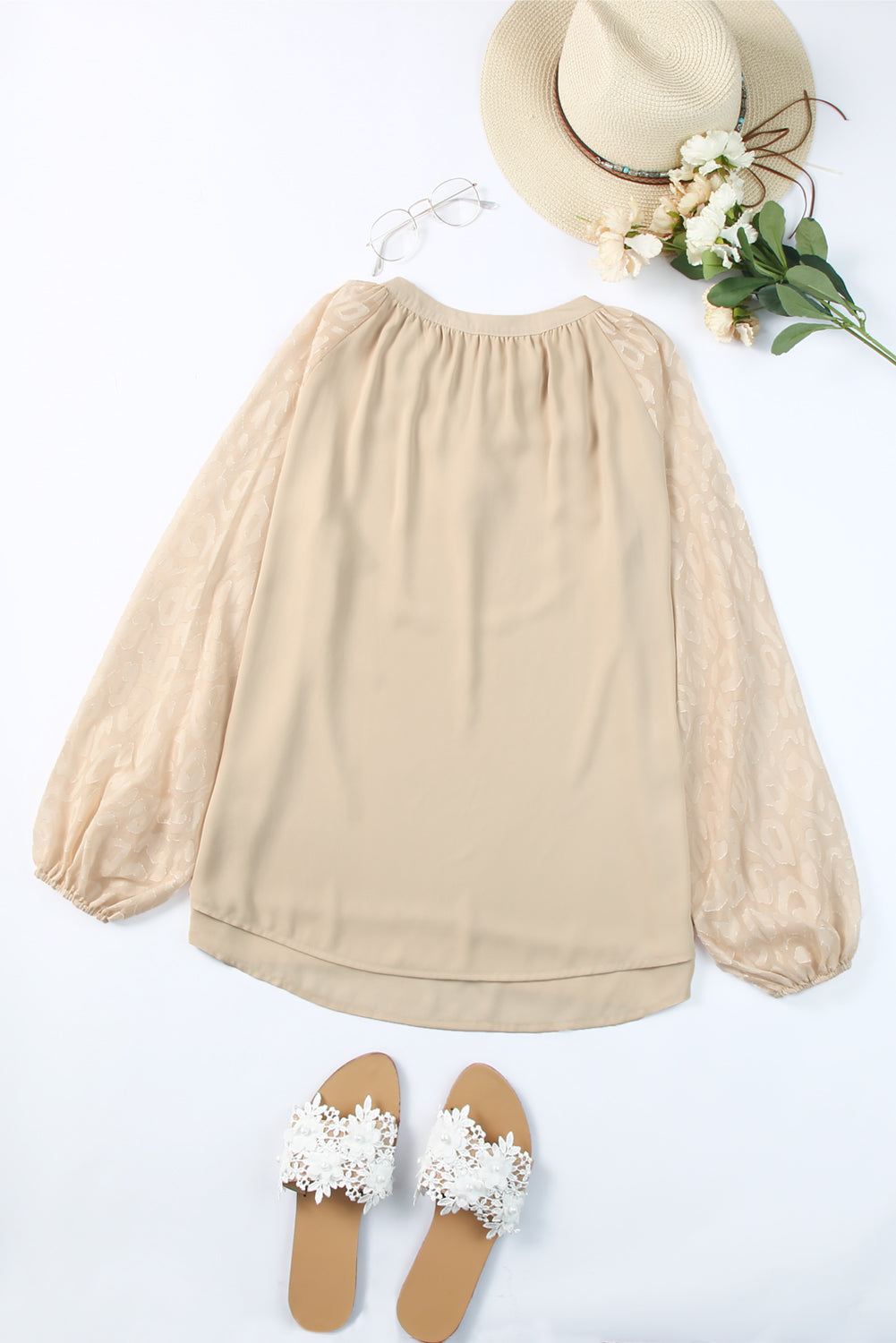 Leopard Mesh V-Neck Bubble Sleeve Blouse