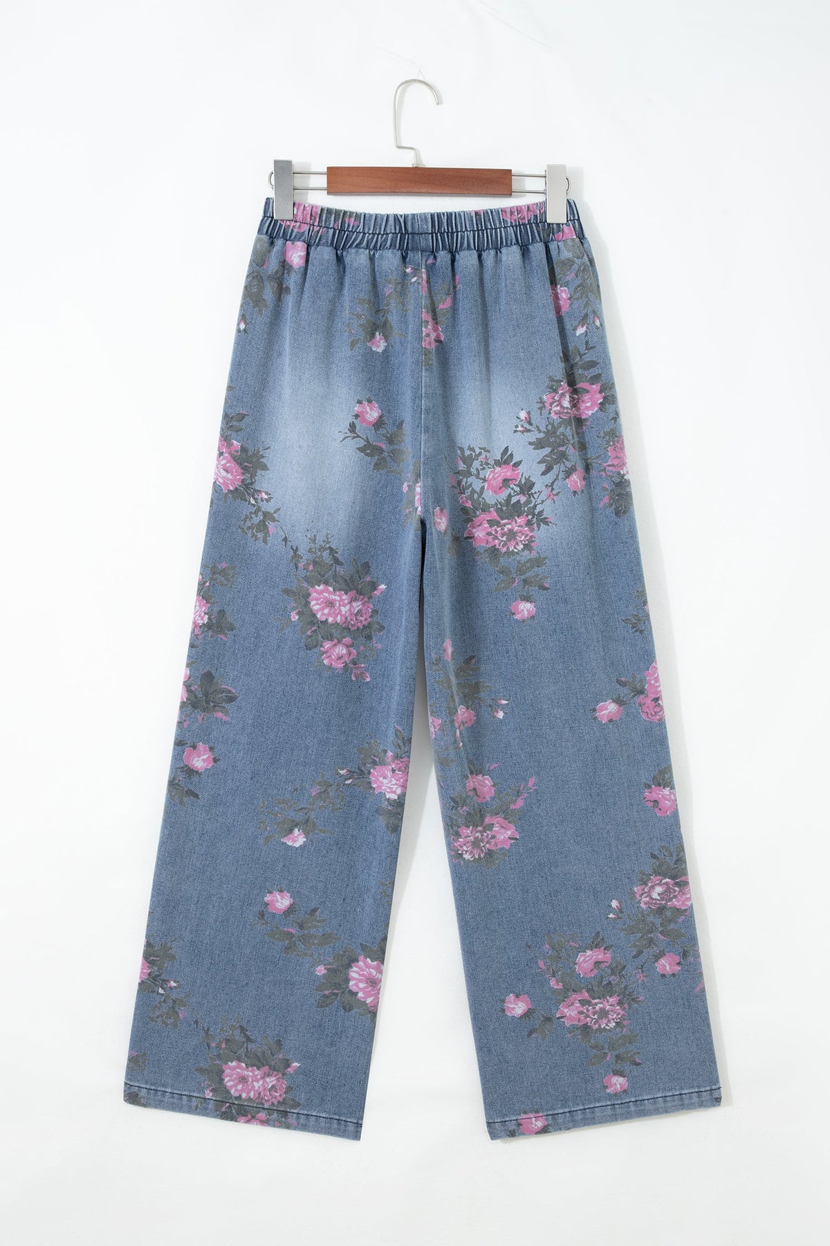 Floral Denim Elastic Waist Straight Leg Jeans