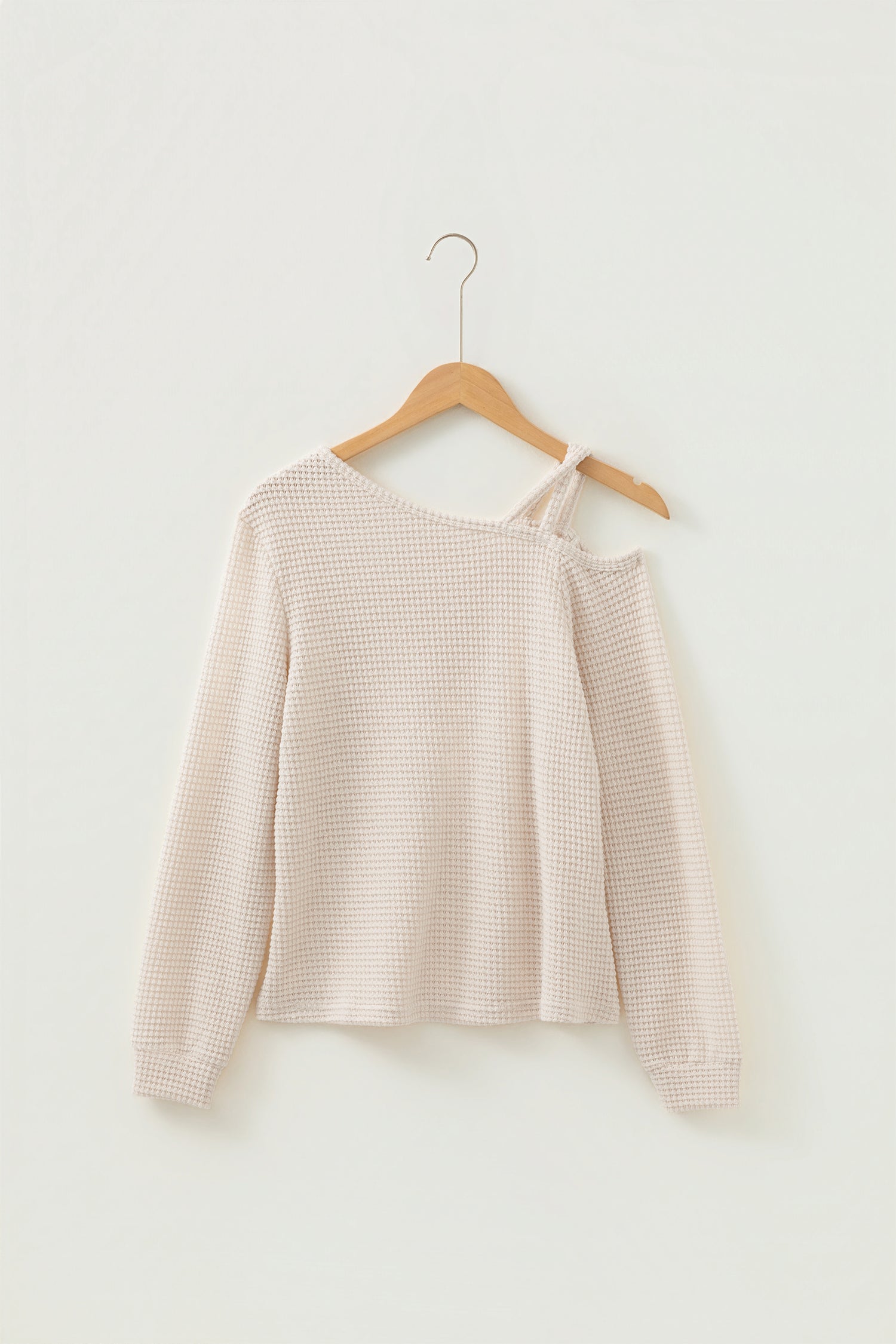 Textured Knit Asymmetric Shoulder Long Sleeve Top
