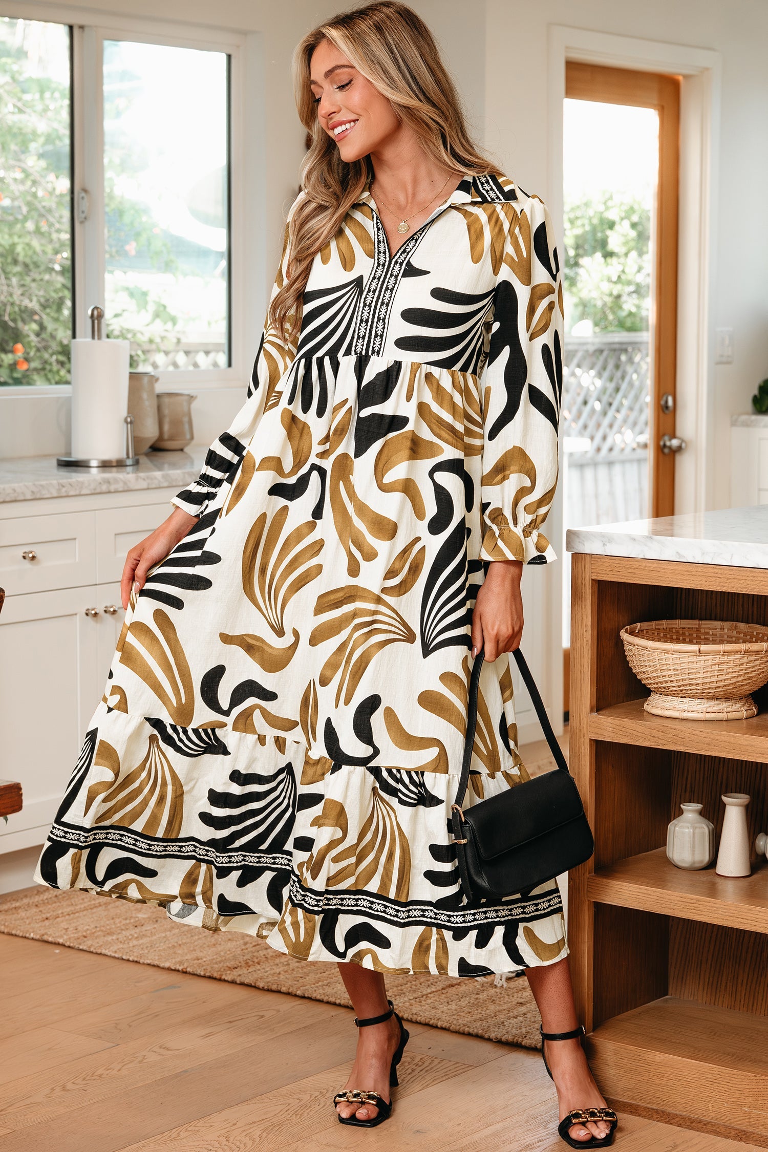 Tropical Contrast Trim Ruffle Hem Dress