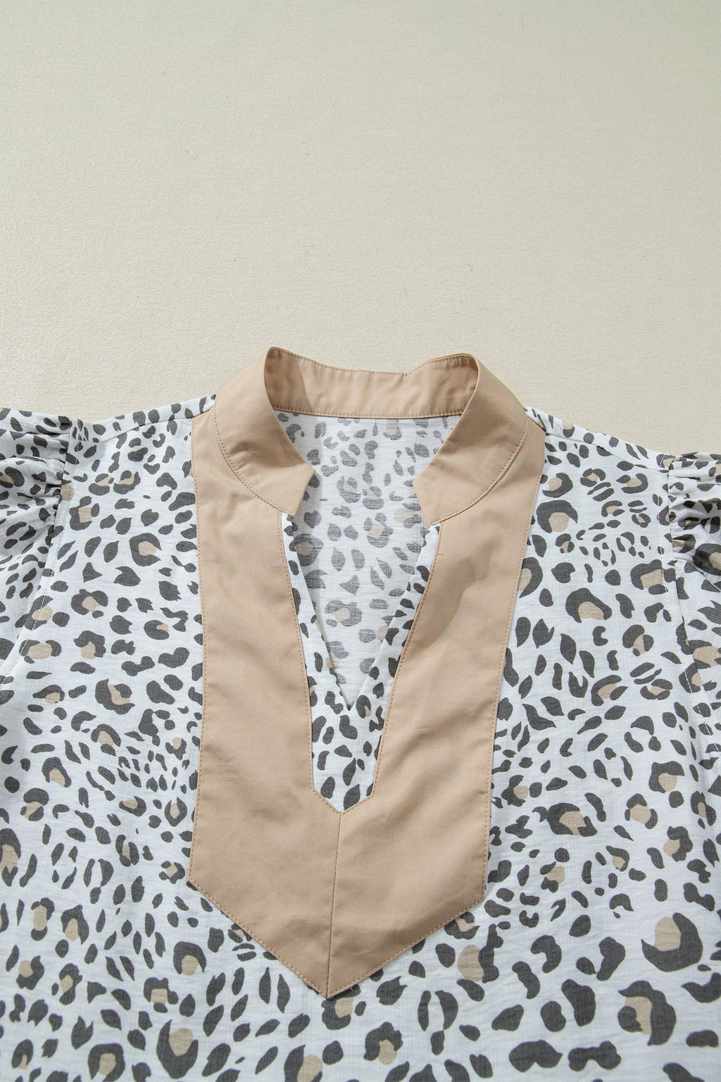 Leopard Colorblock Patchwork V-Neck Cap Sleeve Blouse