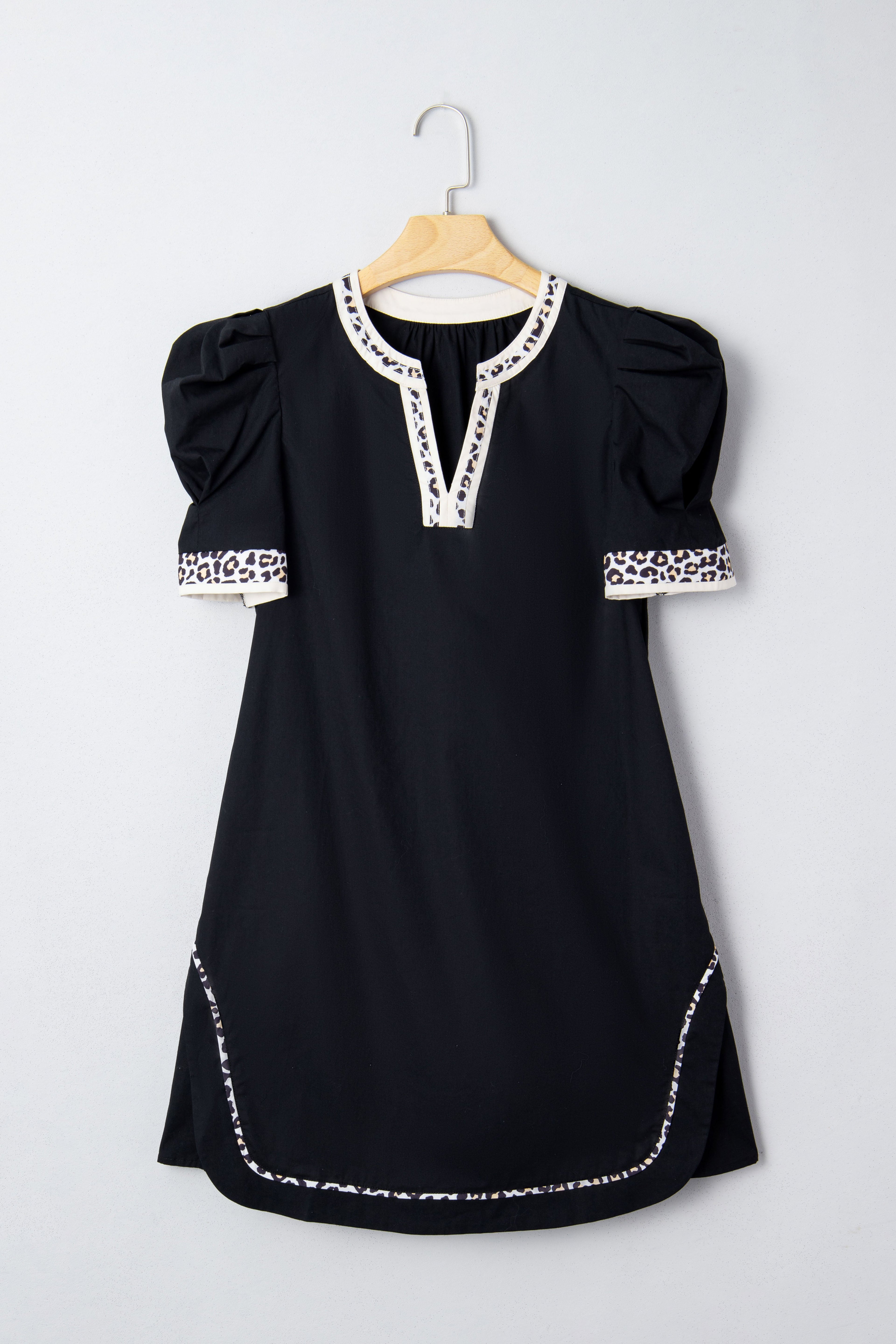 Leopard Trim Short Puff Sleeve Mini Dress