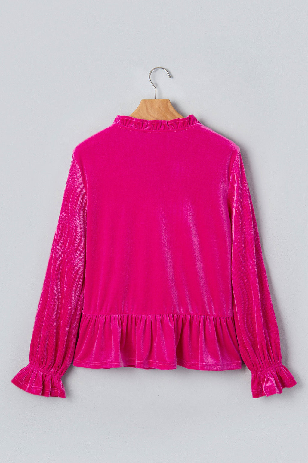 Solid Velvet V-Neck Ruffle Cuff Long Sleeve Top