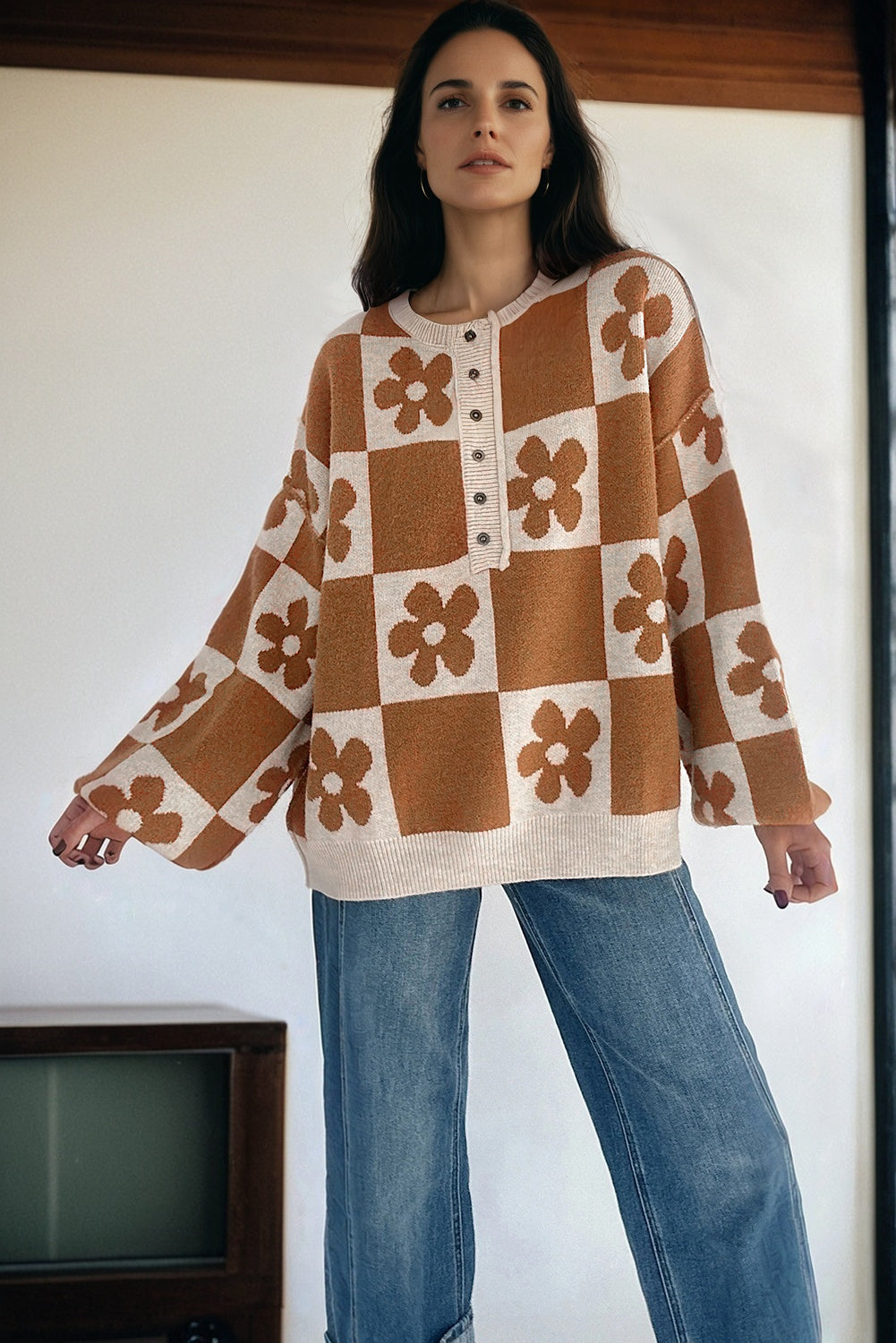 Flower Checker Henley Baggy Sweater