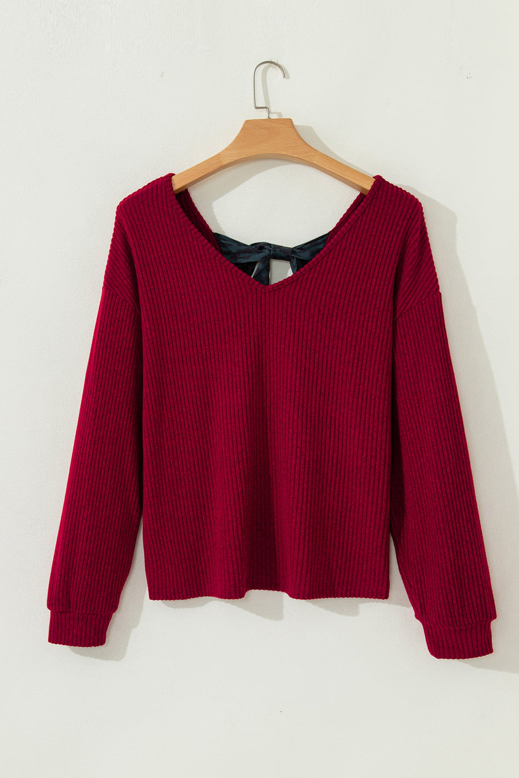 Bow Back Ribbed Knit V-Neck Drop Shoulder Top
