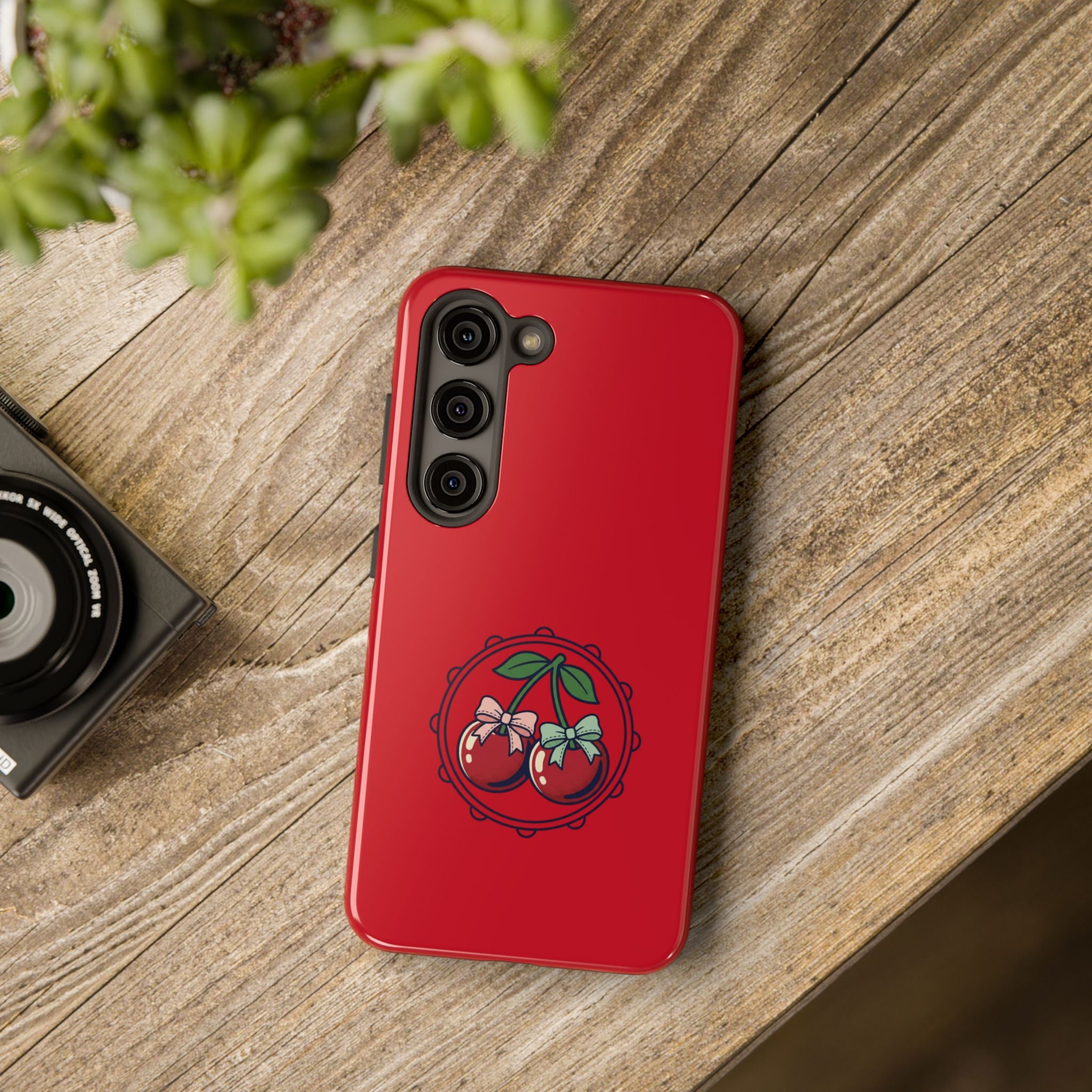 Cherry Blossom Tough Phone Case — Protective Red Phone Cover with Floral Cherry Graphic