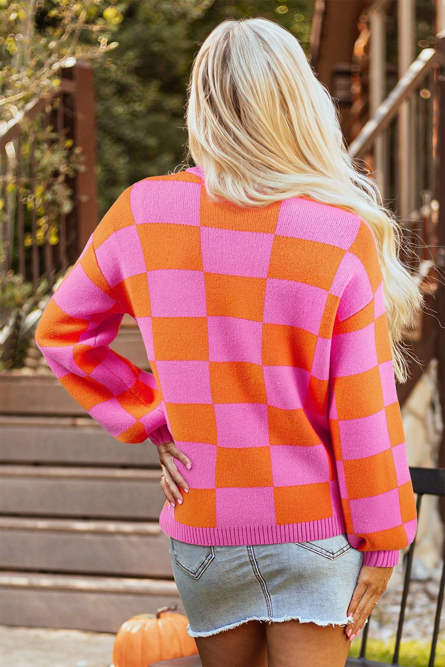 Checker Polo Collar Baggy Knit Sweater