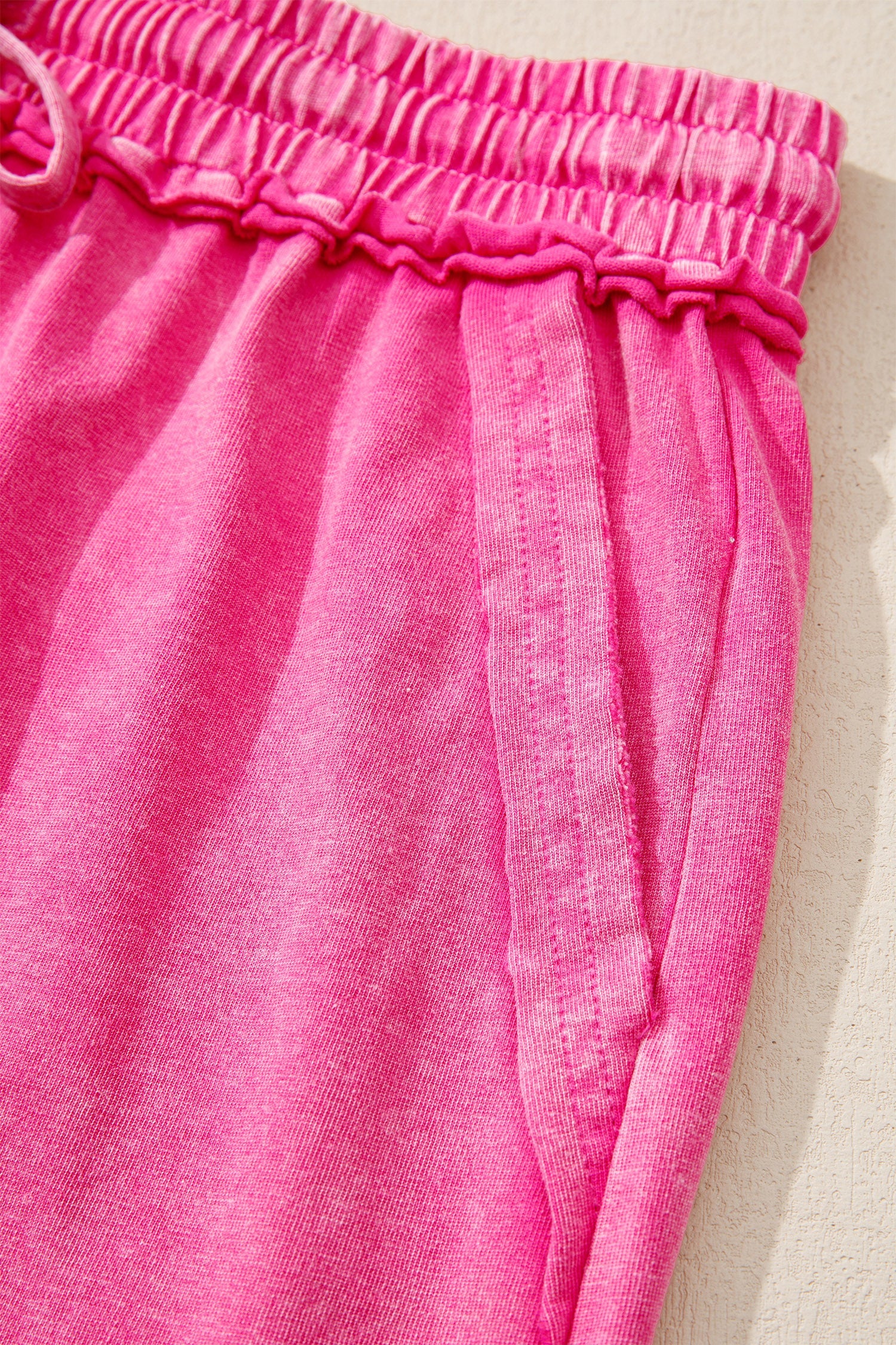 Mineral Wash Drawstring Elastic Waist Raw Edge Shorts