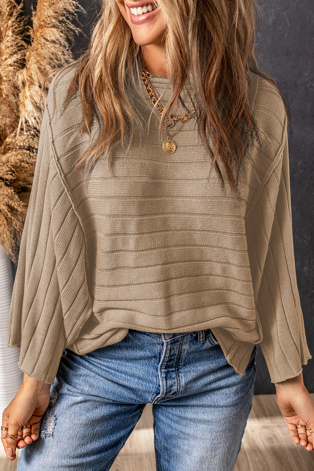 Ribbed Knit Reverse Seam 3/4 Sleeve Sweater