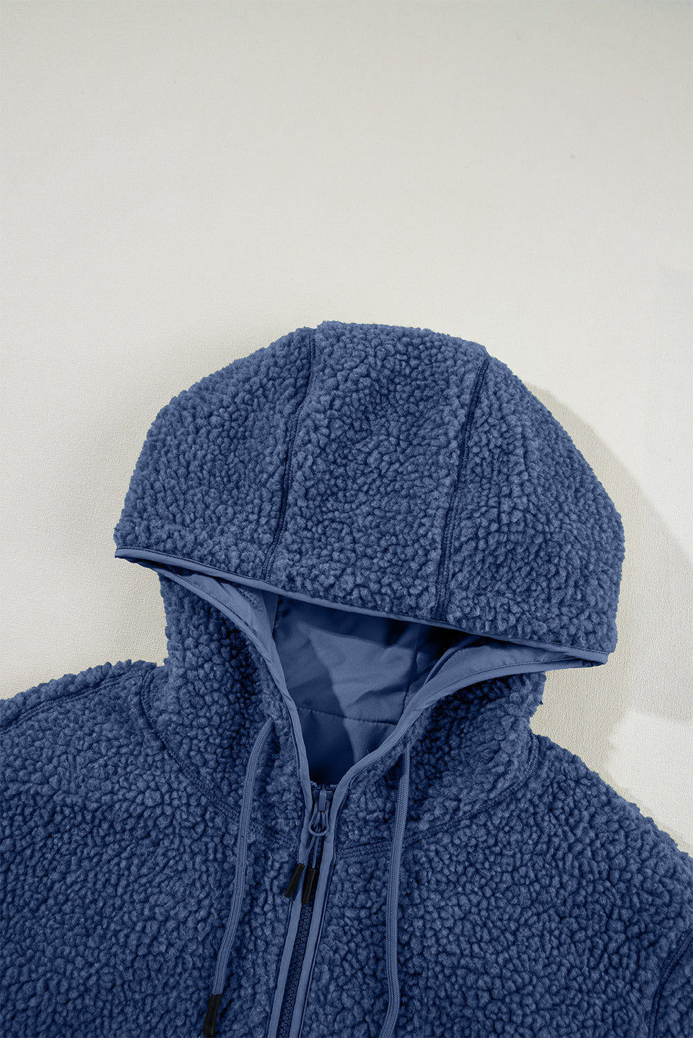 Solid Fleece Zip-Up Drawstring Pocketed Hooded Jacket