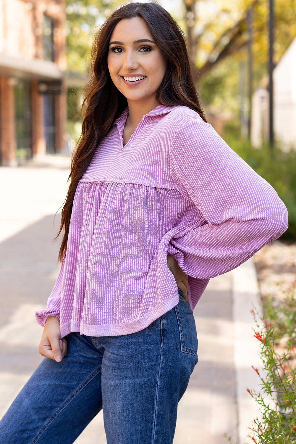 Corded V-Neck Bubble Sleeve Babydoll Blouse