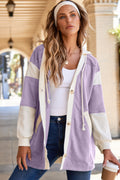 Waffle Knit Colorblock Patchwork Buttoned Hoodie